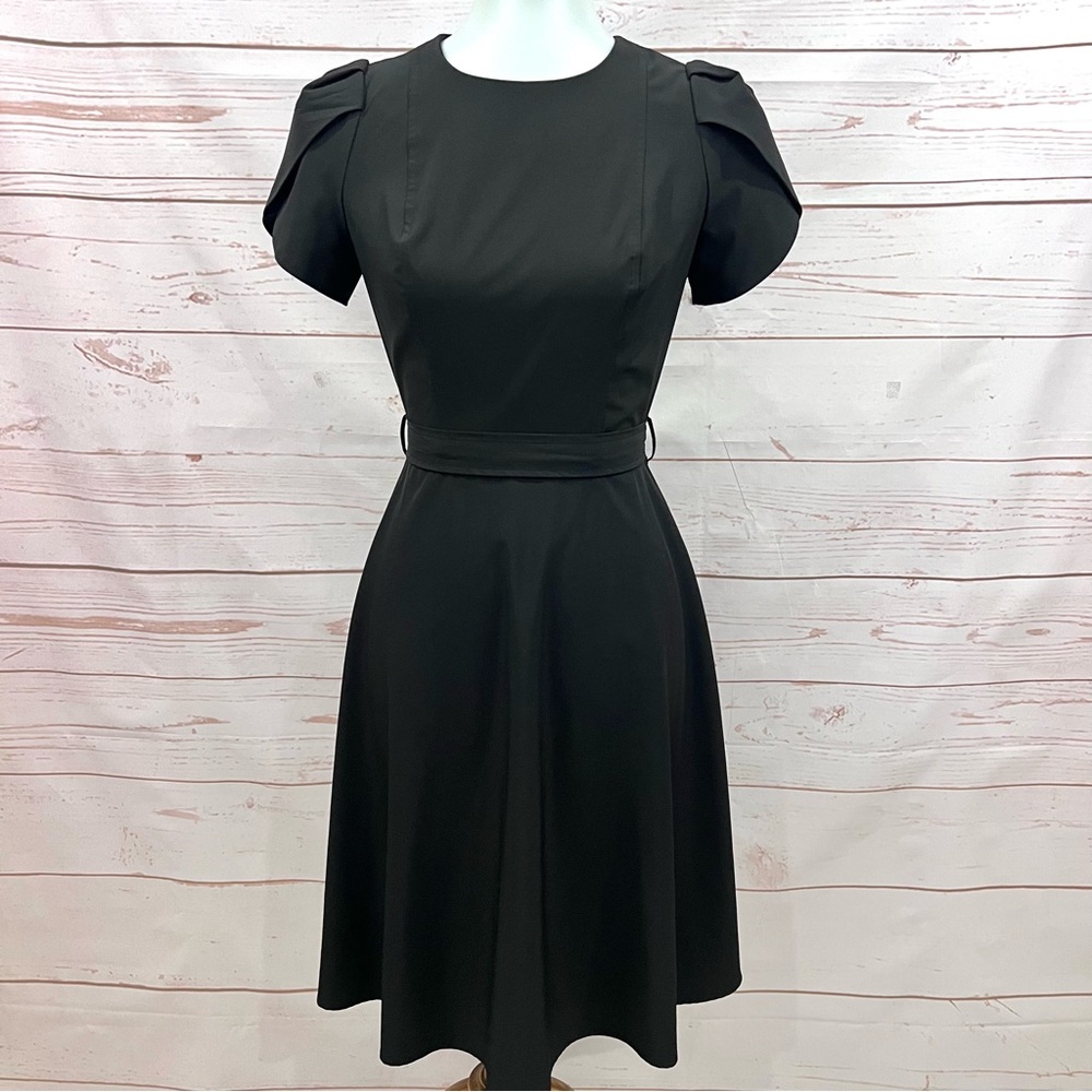 Calvin Klein Puffy Tulip Sleeve Elegant Belted Black Flare Dress LBD